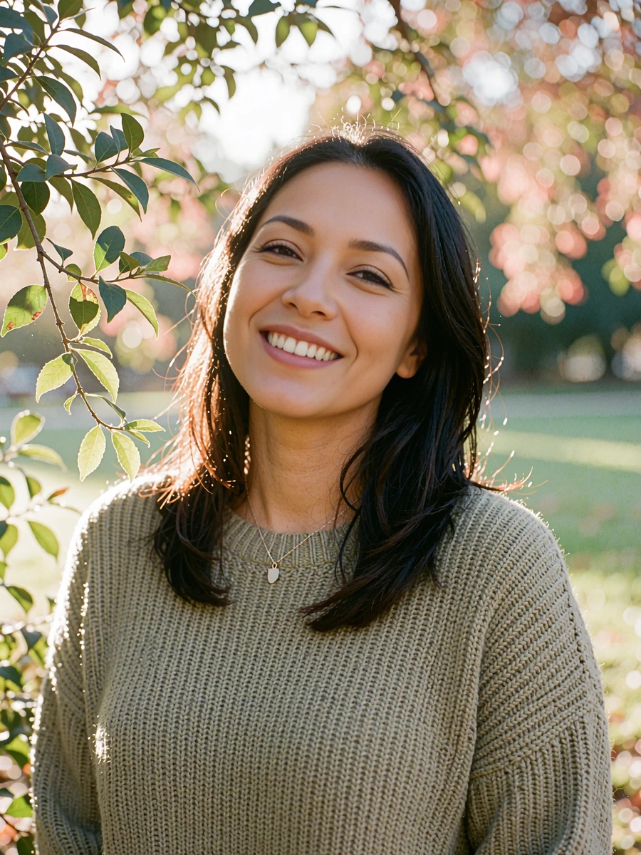 Woman in an olive sweater smiling in a green park, a friendly single profile preview on the Dialogmia dating app