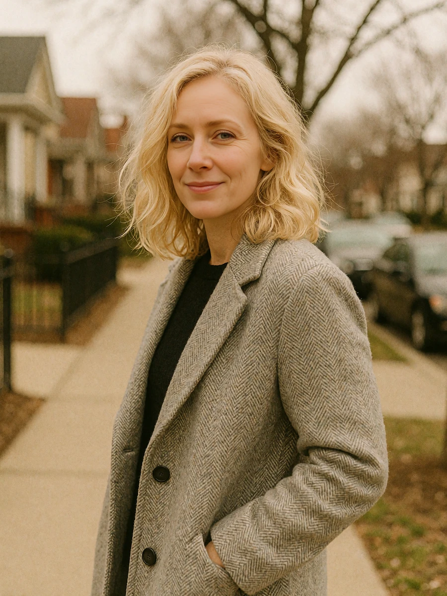 Blonde woman in a grey wool coat on a quiet sidewalk, a casual photo from a verified Dialogmia dating profile