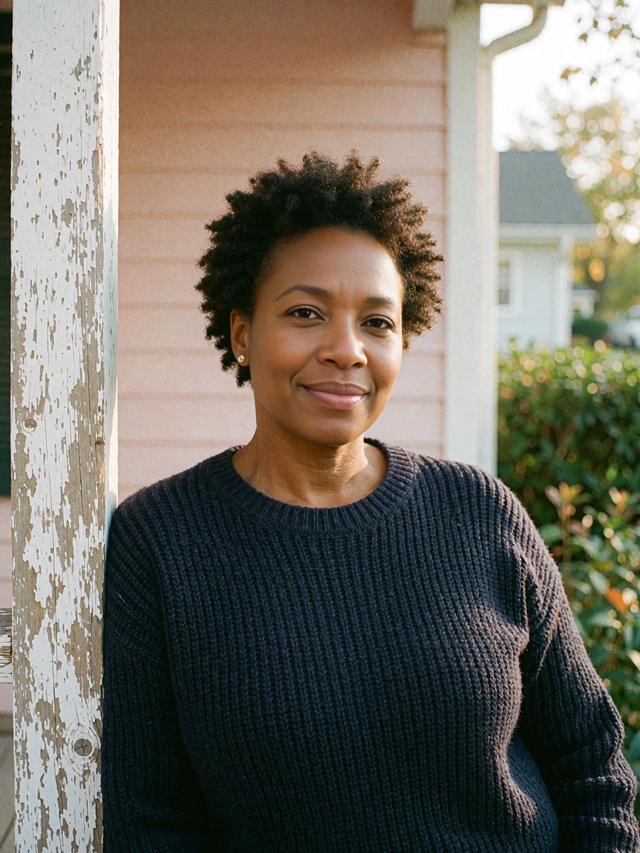 Woman in a navy sweater leaning on a porch post with a warm smile, a verified local member profile on Dialogmia