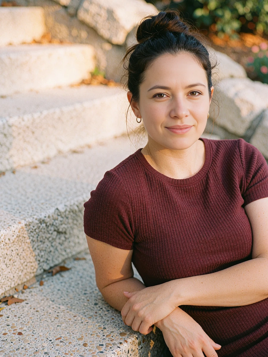 Woman in a burgundy ribbed top sitting on outdoor stone steps, a real dating site member profile photo