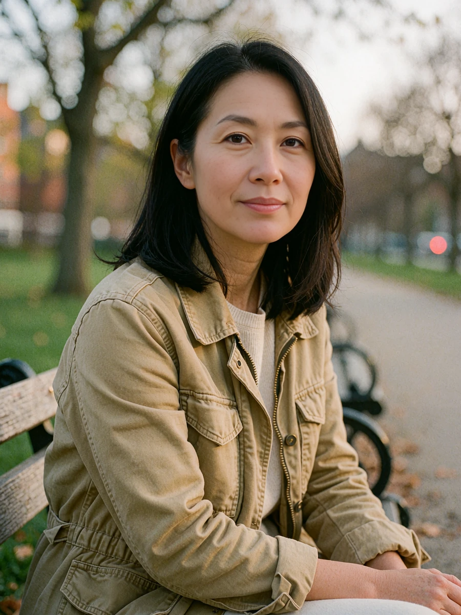 Woman in a khaki field jacket sitting on a park bench with a relaxed smile, a verified legit dating site profile photo
