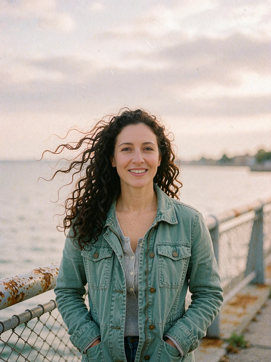 Woman with wind-blown curly hair in a teal utility jacket smiling by a waterfront railing, a lively Dialogmia dating profile photo