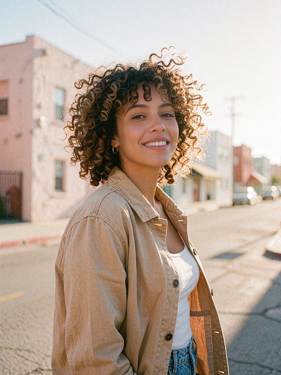 Curly-haired woman in a tan jacket and white top laughing outdoors, a relaxed single woman browsing dating sites