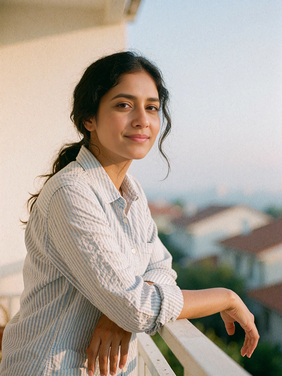 Woman in a striped button shirt leaning on a balcony rail with a relaxed smile, a casual Dialogmia member profile photo
