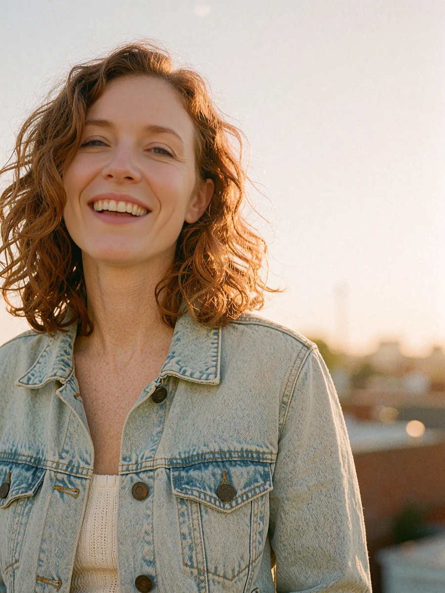 Auburn-haired woman in a denim jacket laughing at golden hour, a warm everyday photo from a local dating profile