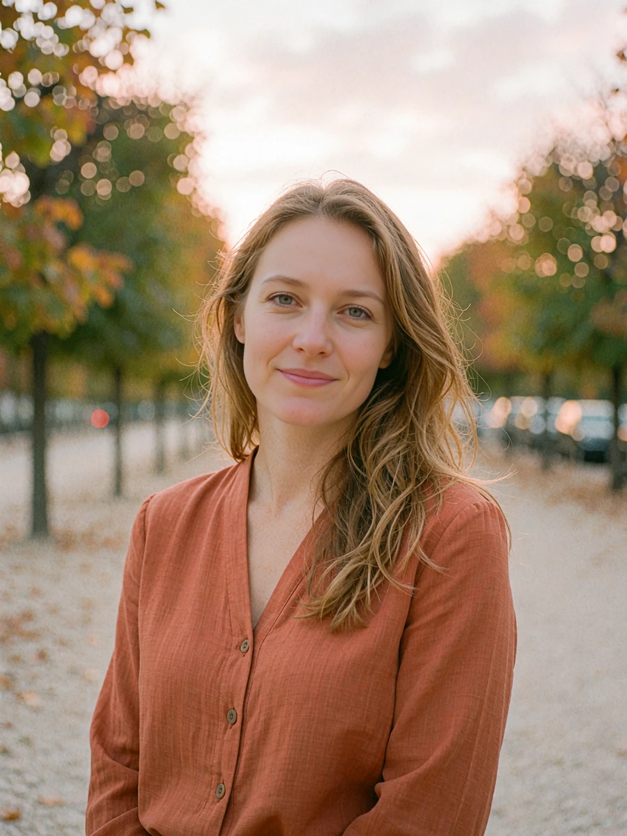 Woman in a rust-orange blouse on an autumn walking path, an easygoing single looking to chat on Dialogmia