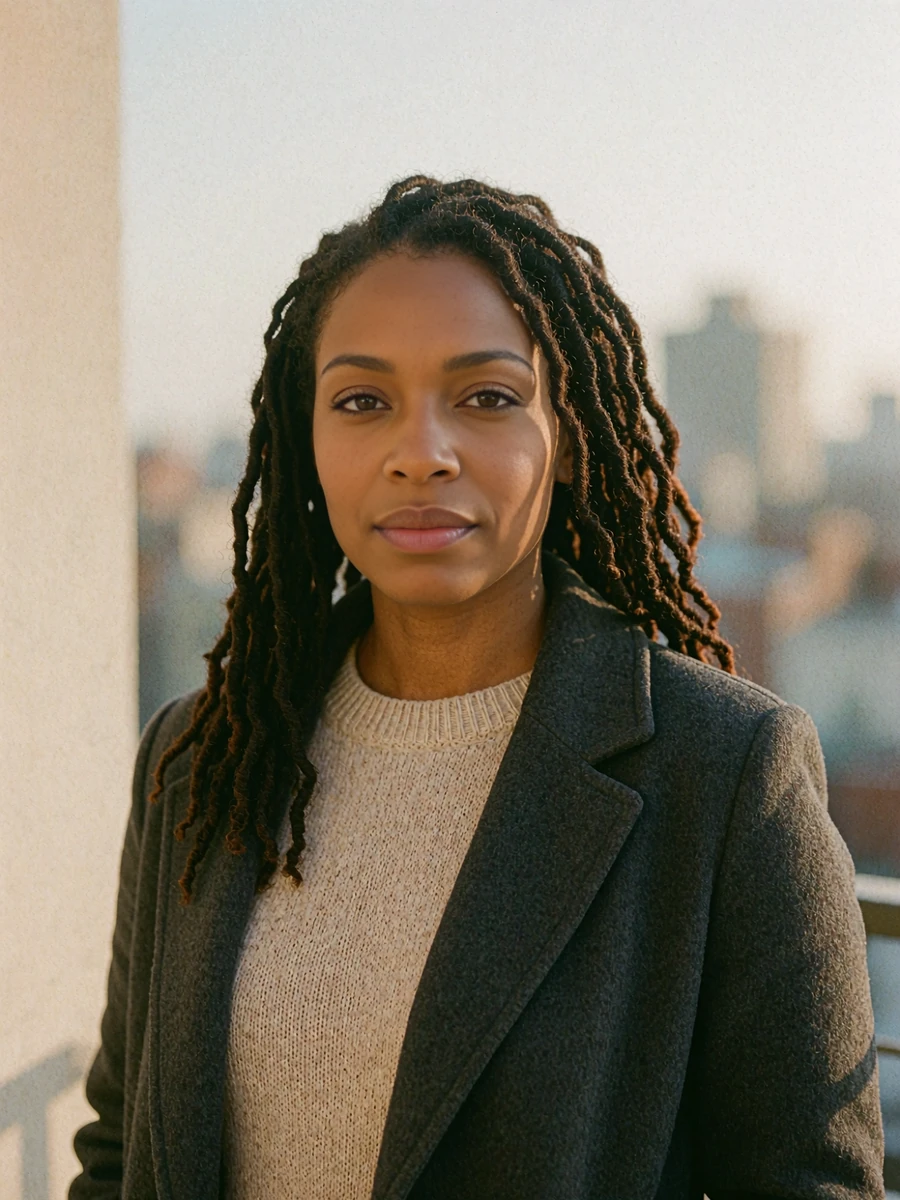 Woman with long locs in a charcoal coat looking at the camera downtown, a verified local member of Dialogmia