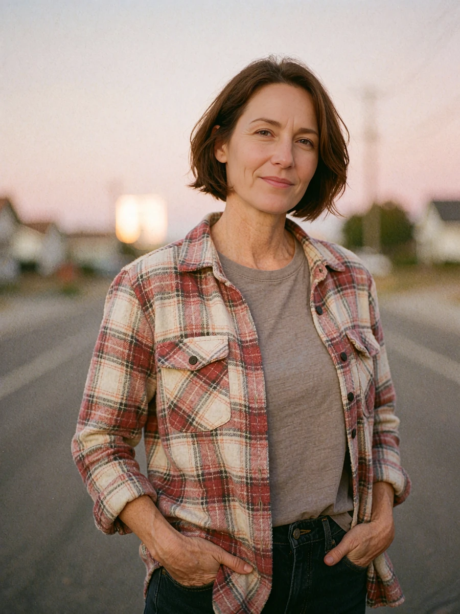 Woman in an open plaid shirt smiling on an evening sidewalk, an inviting local single browsing Dialogmia tonight