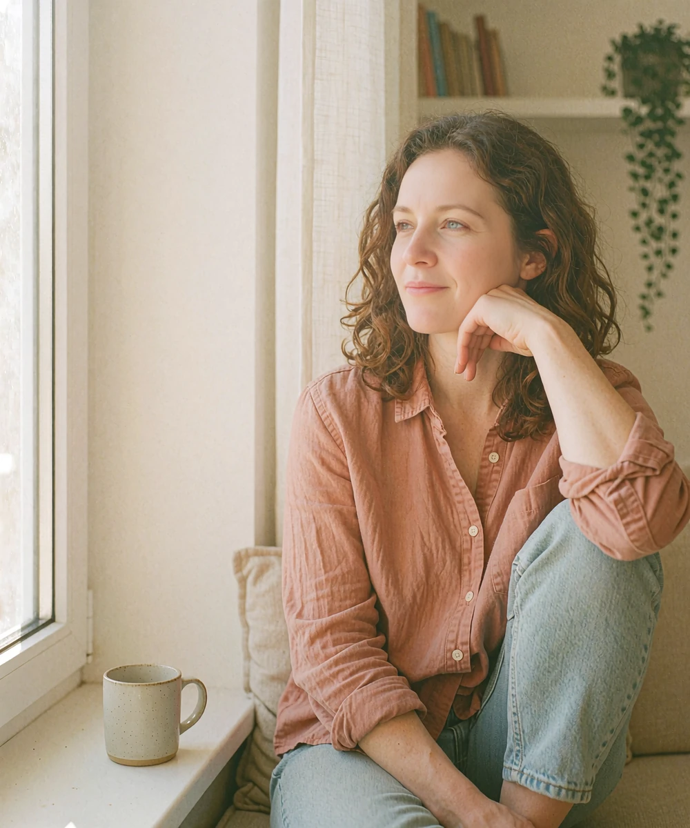 Woman relaxing by a sunlit window at home while browsing a verified dating profile privately
