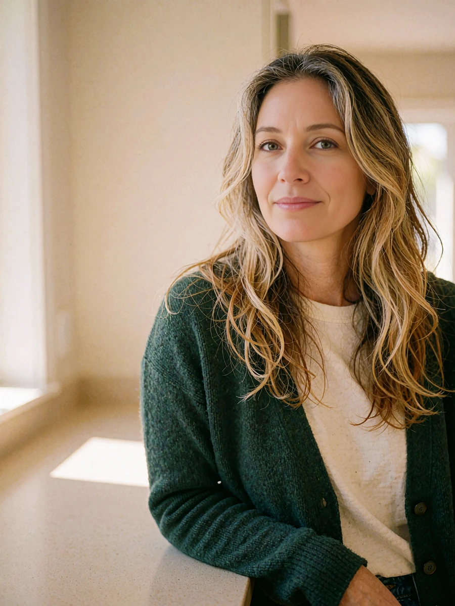 Woman in a dark green cardigan leaning on a kitchen counter at home, a down-to-earth member profile photo