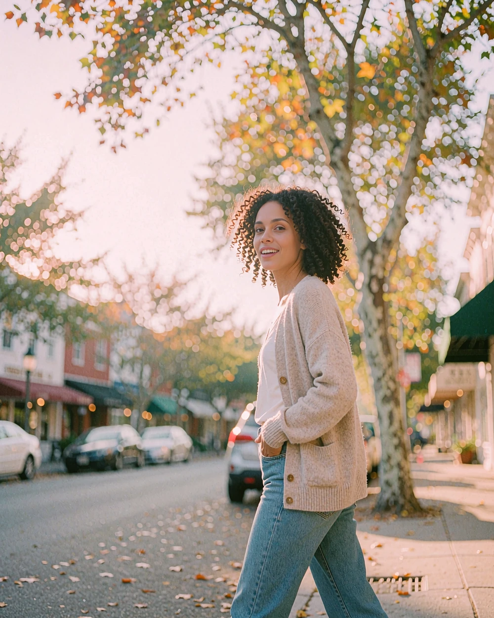 Woman glancing back with a friendly smile while walking a tree-lined street, a local single chatting on a dating app