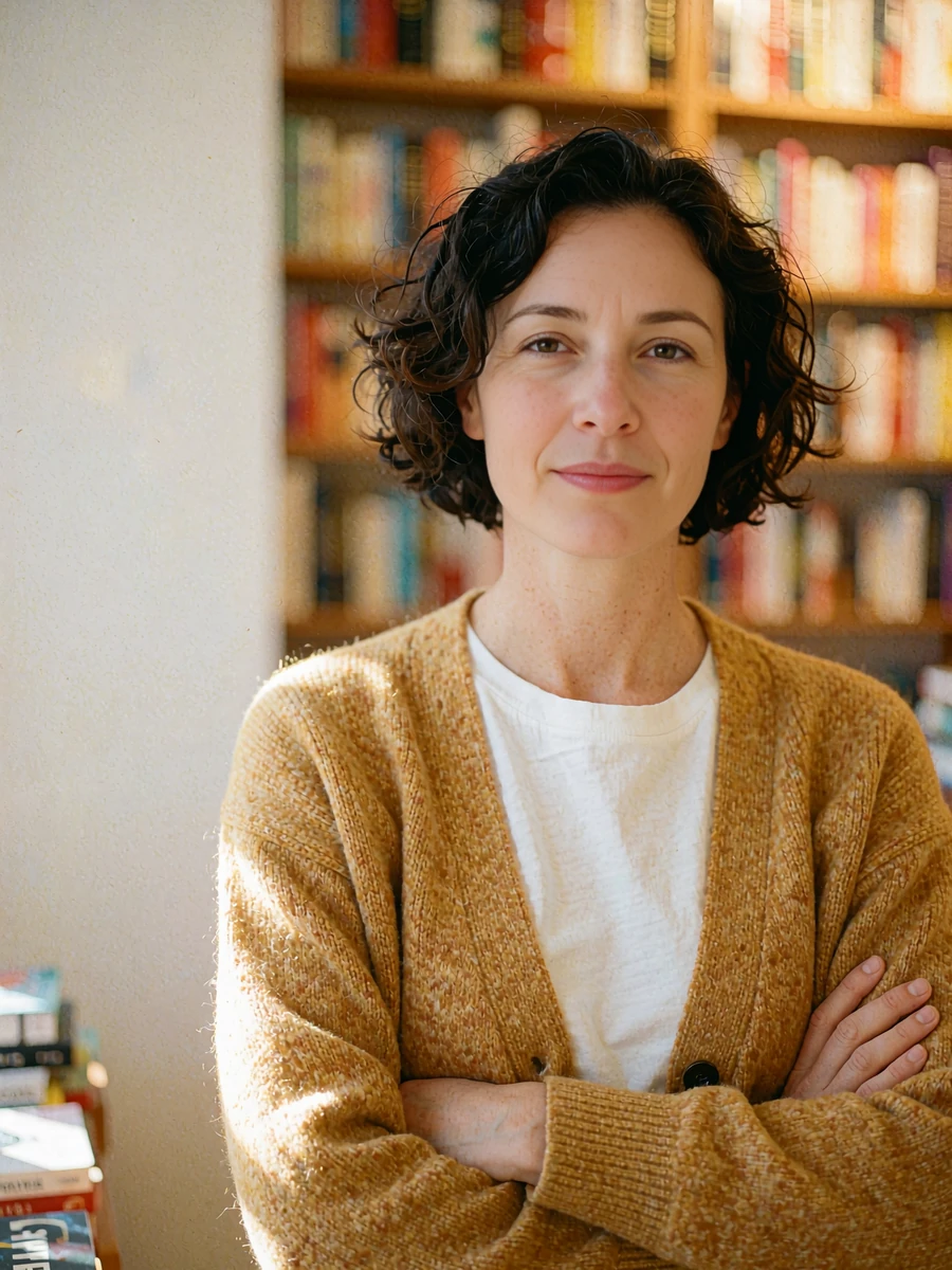 Woman in a mustard cardigan standing confidently in a bookshop, a verified Dialogmia member profile photo