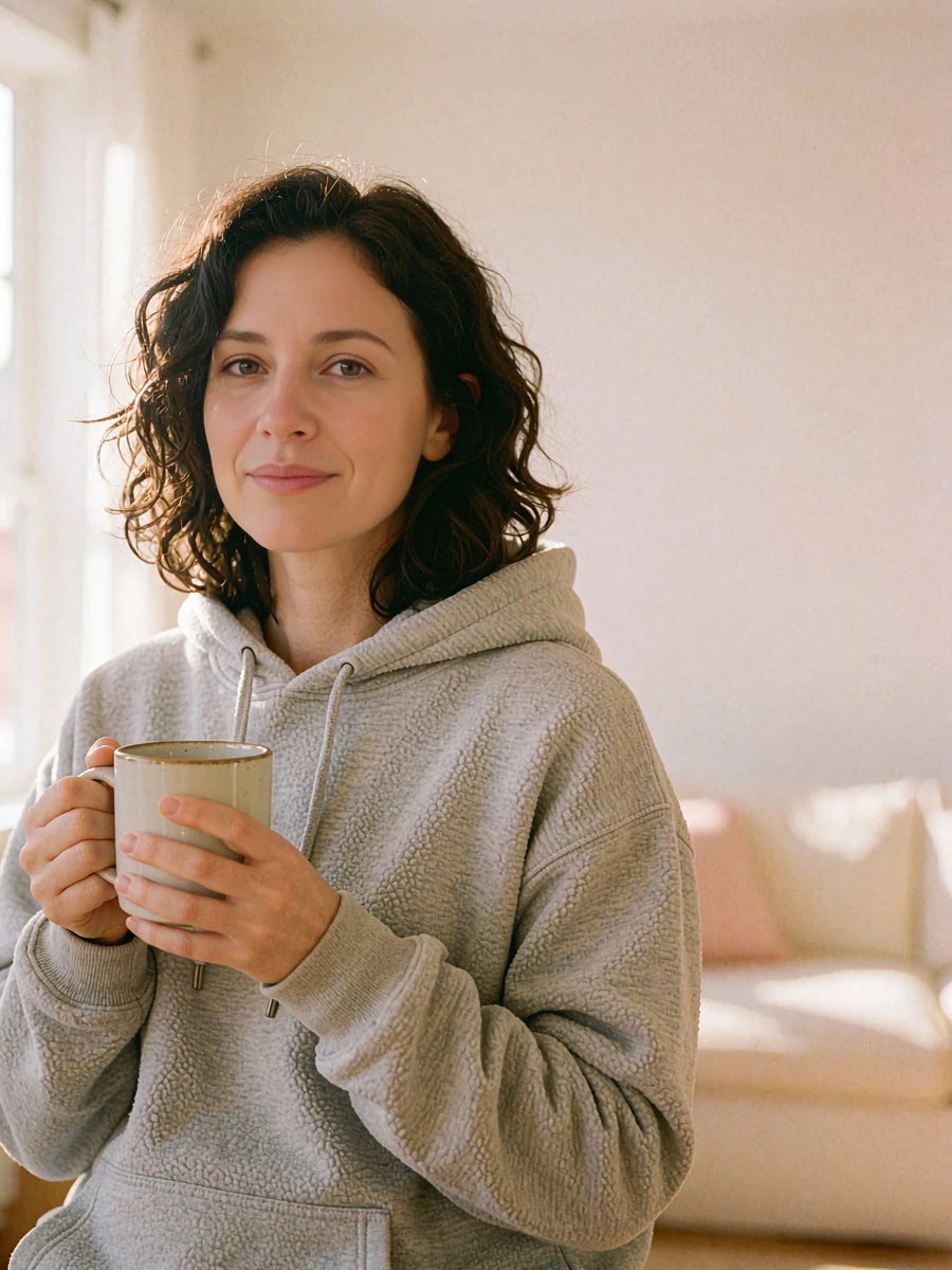 Woman in a heather-grey hoodie holding a mug near a sunlit window, a verified Dialogmia member feedback avatar